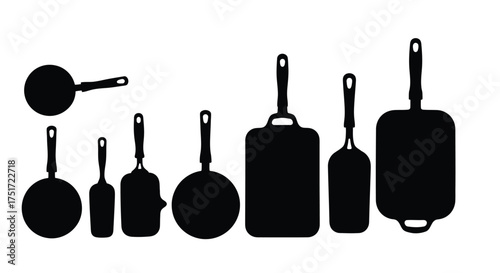 Collection of silhouetted cooking utensils including pans and spatulas for culinary needs vector