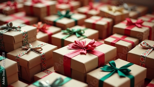 An array of meticulously arranged Christmas packages, adorned with festive labels and neatly stacked, evoke feelings of holiday excitement and anticipation