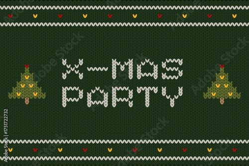 X-Mas Party Knitted Green Pattern. Festive knitted pattern with “X-Mas Party” text and Christmas tree icons, warm handmade winter texture.