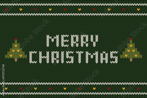 Christmas Knitted Pattern “Merry Christmas”. Classic Christmas knitted pattern with festive green fabric texture and golden tree decorations.