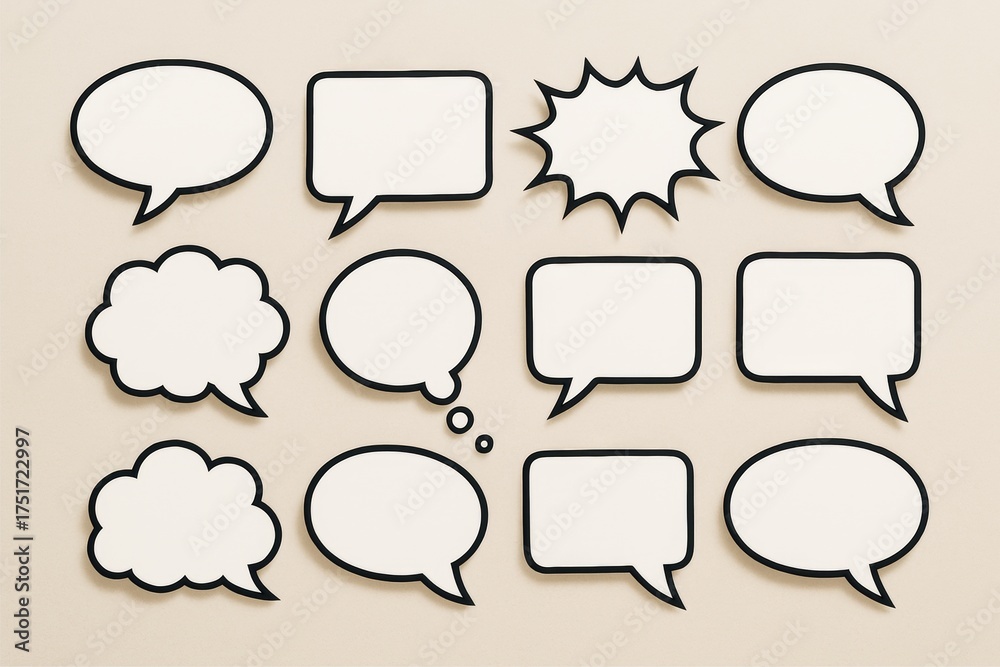 Obraz premium Blank comic-style speech bubbles with bold outlines arranged on a light beige background in a creative layout for design or message concepts. Ai generative