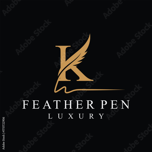 Initial letter k feather pen logo design, serif font graphic icon vector, golden color symbol concept