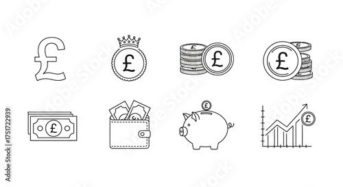 Pound sterling currency icons set british money symbols financial icons hand drawn style vector