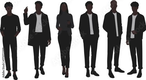 Black human silhouettes of men and women in modern casual business clothing standing in diverse poses, fashion, lifestyle, identity, abstract illustration