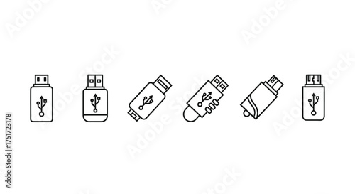 Six small sketch style usb drives displayed in a row each with a tree icon vector