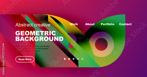 Modern website header design. Vibrant colors, geometric shapes, text elements present. Clean layout, navigation options visible.