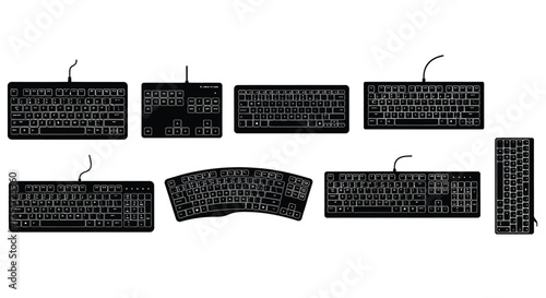 Collection of diverse computer keyboards showcasing different designs and layouts for technology concepts vector