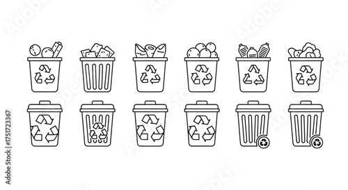 Collection of recycle bins and trash cans hand drawn sketch style icons representing waste management and recycling vector