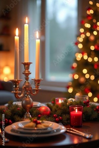 Holiday card with a warmly lit festive table setting