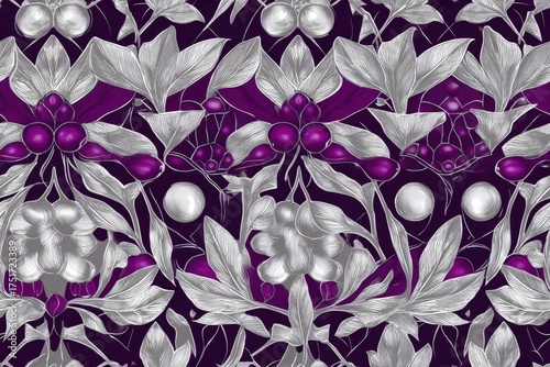 Art Deco Acai Berry illustration bold symmetrical layout metallic silver and amethyst colors luxury cosmetic packaging seamless pattern background