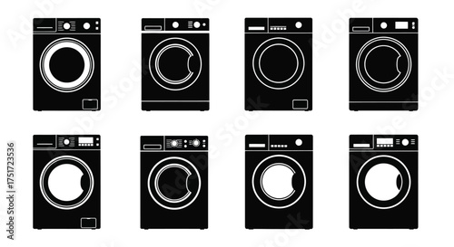 Collection of modern front loading washing machines flat design icons set clean home appliances collection vector