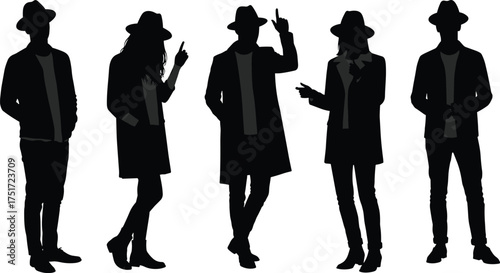 Black human silhouettes of men wearing hats and long coats in different standing poses, fashion style, individuality, mystery, abstract illustration