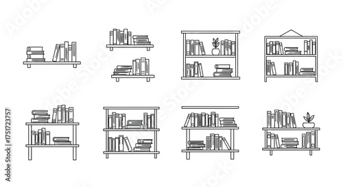 Collection of bookshelves filled with books artistic sketch style for home and library decor vector