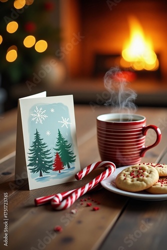 Mockup of a holiday greeting card with a warm golden glow, placed next to a steaming coffee mug with a candy cane leaning against it, and a plate of freshly baked Christmas cookies with red and green 