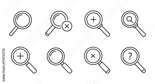 Doodle magnifying glass icons set featuring search zoom in out and question mark symbols vector