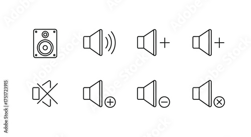 Collection of hand-drawn audio volume icons representing sound levels and mute functionality vector