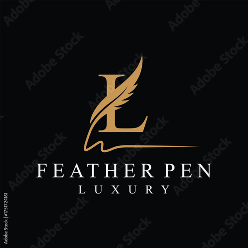 Initial letter l feather pen logo design, serif font graphic icon vector, golden color symbol concept