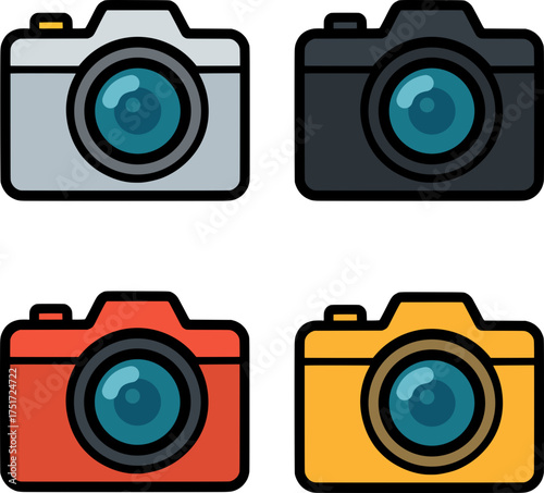 Set of four colorful flat vector cameras with lens detail, clean bold outline