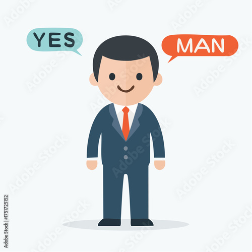 Bobblehead figure in a business suit labelled yes man on a plain background