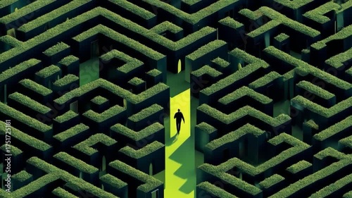 Person navigating a green maze under bright sunlight in detailed illustration