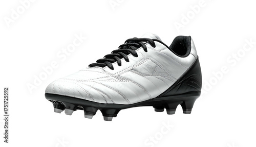 White and black leather soccer shoe with black laces, low angle
