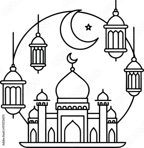 Islamic festival greeting vector with crescent moon and lanterns