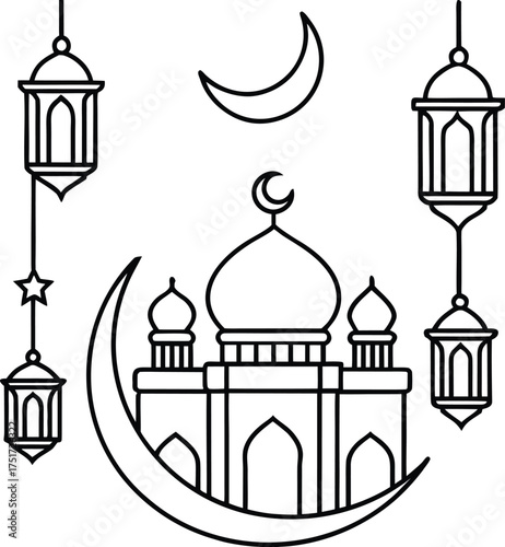 Islamic festival greeting vector with crescent moon and lanterns