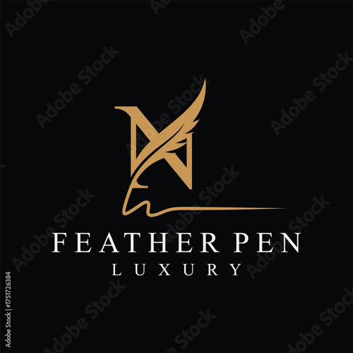 Initial letter N feather pen logo design, serif font graphic icon vector, golden color symbol concept