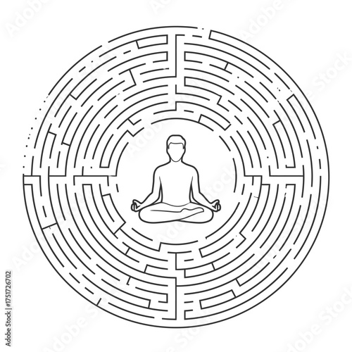 A circular maze with a person meditating in the center representing mindfulness and problem solving skills vector illustration
