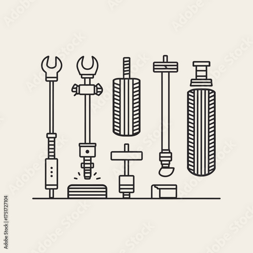 Illustration of various mechanical tools including wrenches and tire changing equipment in line art style vector illustration
