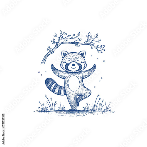 A whimsical illustration of a raccoon in a yoga pose under a tree with grass and small stars around it vector illustration