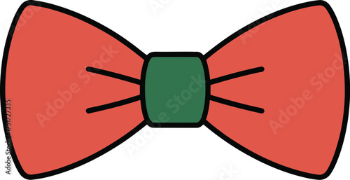 A close-up illustration of a red bowtie with a green center.