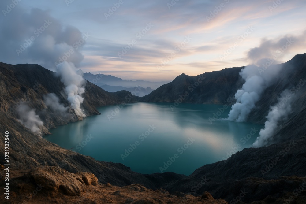 Obraz premium Volcanic crater lake surrounded by smoky cliffs during soft sunset light, creating a surreal and peaceful abstract natural background scene. Ai generative
