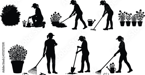 Silhouettes of people gardening with plants tools and watering cans person woman