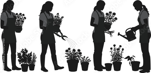 Silhouettes of women gardening watering pruning and holding potted plants woman