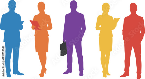 Colorful business silhouettes of professionals in corporate attire holding briefcase and documents, teamwork, leadership, diversity, office communication, collaboration, workplace illustration