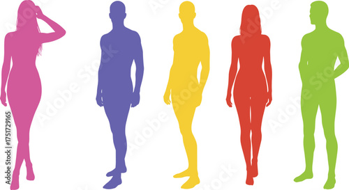 Colorful human silhouettes in different poses representing diversity, individuality, fashion, creativity, modern lifestyle, abstract design, unity, expression, artistic illustration
