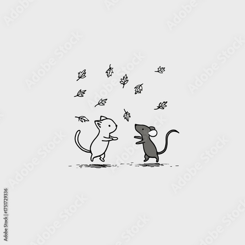A cartoon drawing of a cat and a mouse facing each other with leaves falling from the sky above them vector illustration