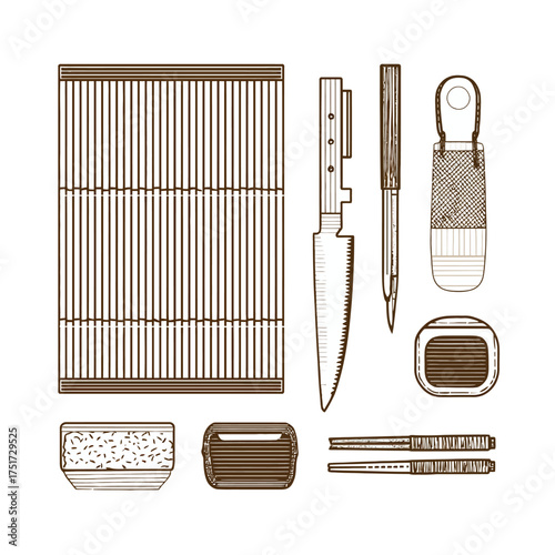 Illustration of sushi making kit including a bamboo mat knife and other sushi making accessories vector illustration