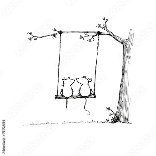 A whimsical sketch of a cat and mouse sitting on a swing hanging from a tree branch in black and white vector illustration