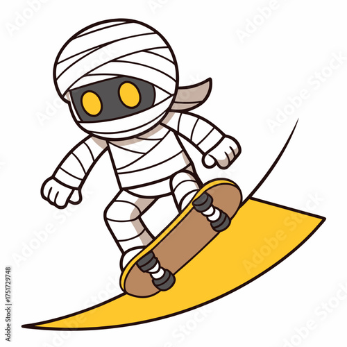Cartoon mummy character with glowing eyes enjoys skateboarding adventure on yellow skateboard against white