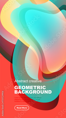 Vibrant fluid shapes overlap, creating dynamic colorful background. Text reads geometric background, with sample text below.
