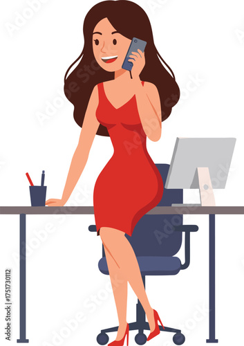 Businesswoman in red dress sitting on office desk, talking on smartphone, workplace communication, multitasking, corporate lifestyle, professional confidence