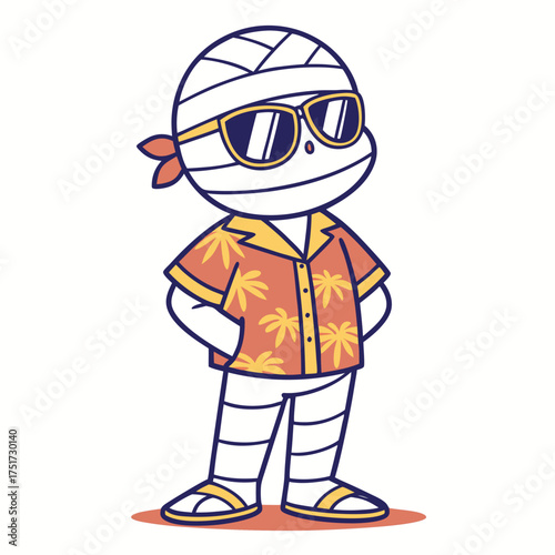 Cartoon mummy donning sunglasses and tropical shirt casually poses with hands on hips