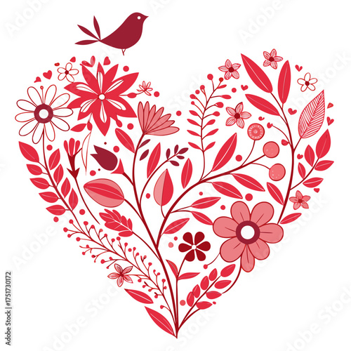 Elegant vector illustration of a heart made from intricate red and pink flowers and leaves, with a small bird symbolizing love and nature's harmony