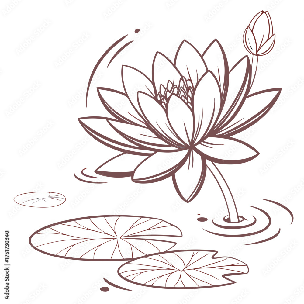 Fototapeta premium Elegant Water Lily Illustration A Detailed Botanical Drawing of Lotus Blossoms and Lily Pads