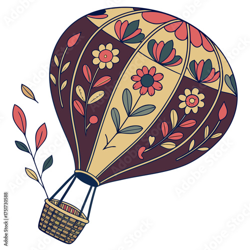 Whimsical Hot Air Balloon with Floral Accents A Decorative Vector Illustration