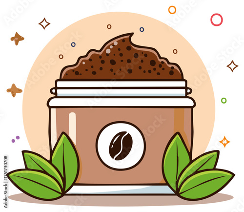 Coffee Body Scrub in Jar with Green Leaves for Skincare Product Illustration