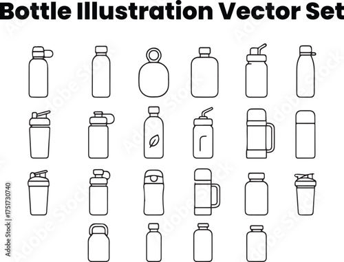 Sports and Reusable Water Bottle Vector Set — Eco-Friendly Outline Icons
