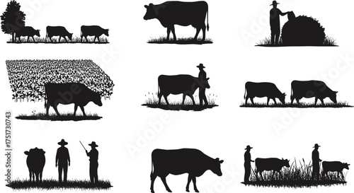 Farm and agriculture silhouettes with cows, farmers, trees, crops, rural lifestyle, countryside, livestock, field work, nature, vector illustration artwork